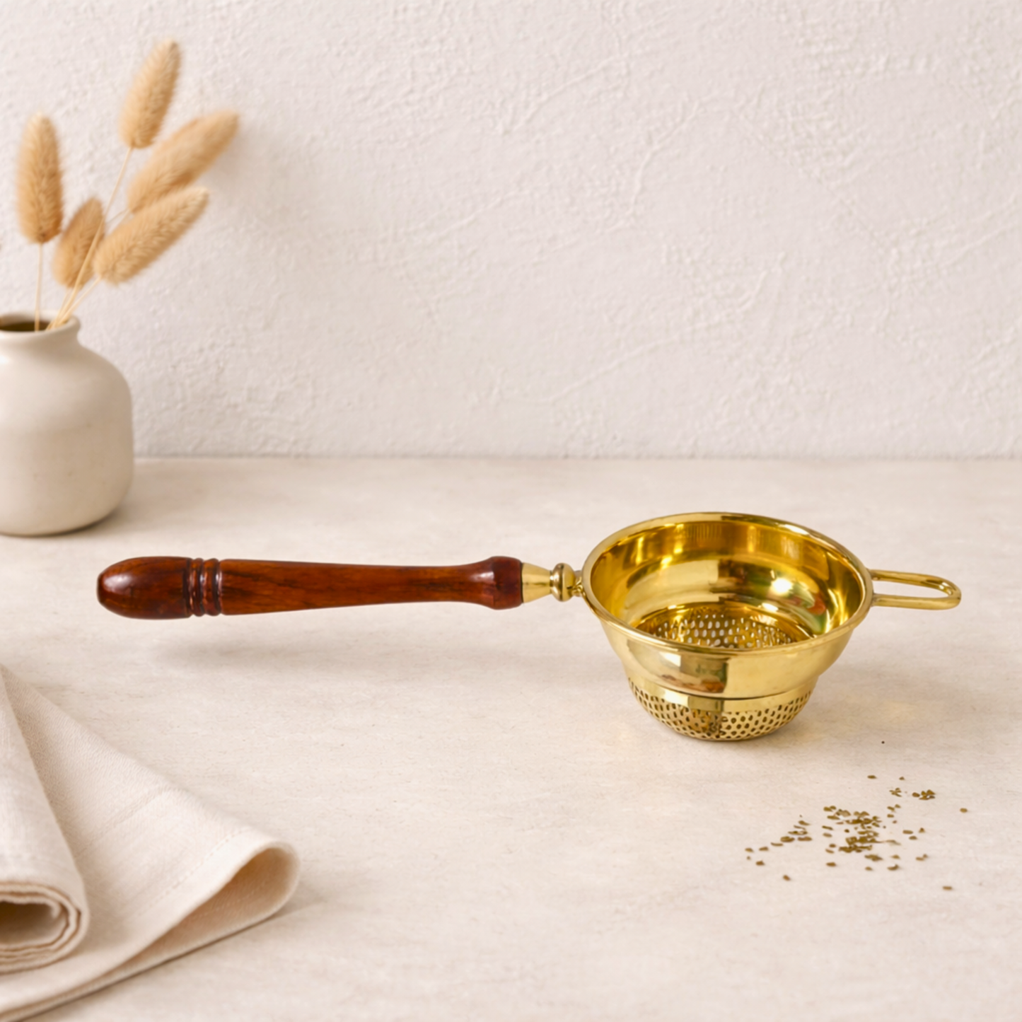 Brass Tea Strainer with Wooden Handle