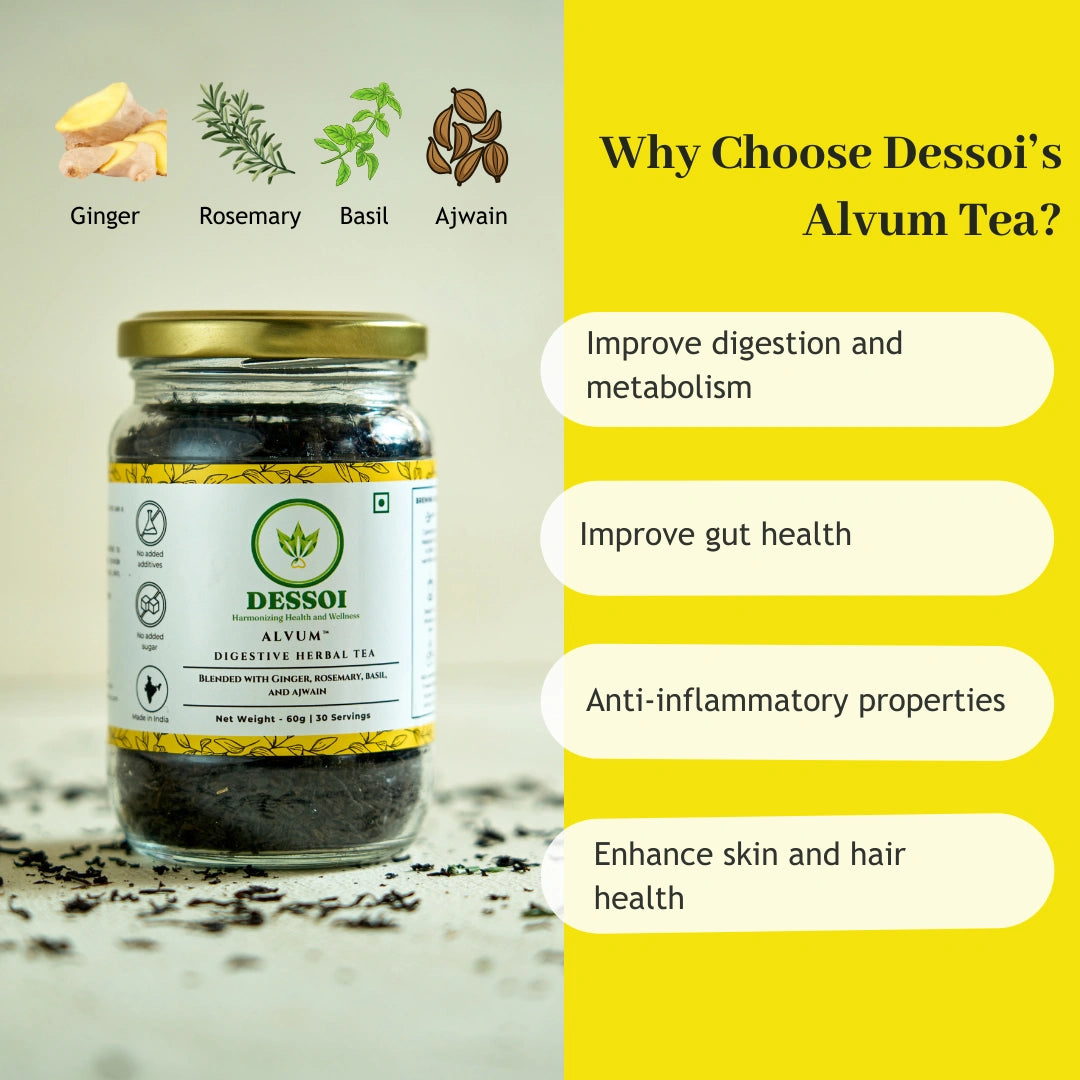 Alvum | Herbal Tea for Digestion & Gut Health | Contains Ginger, Rosemary, Ajwain and Basil | Improves Metabolism