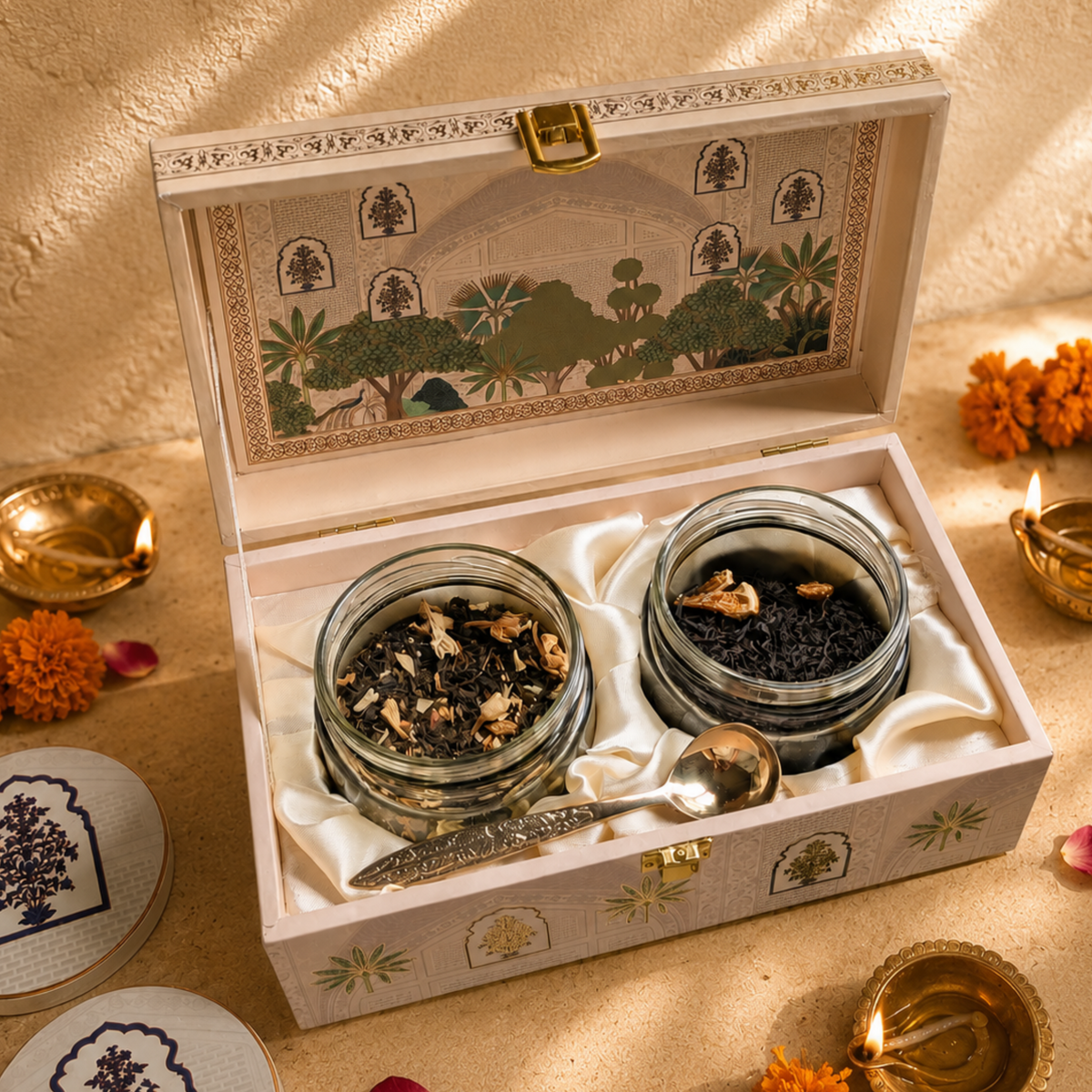 Dessoi Reserve Collection | 2 × 100g Artisanal Teas, Brass Tea Spoon & Wooden Keepsake Box