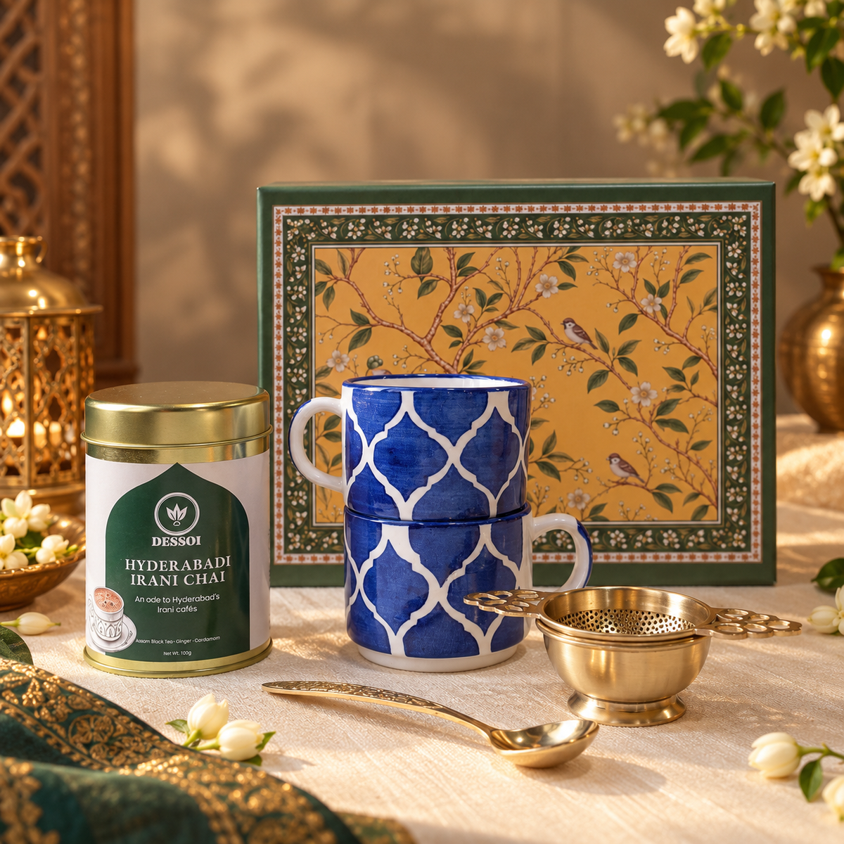 Hyderabadi Heritage Giftbox | Irani Chai & Blue Pottery Tea Set