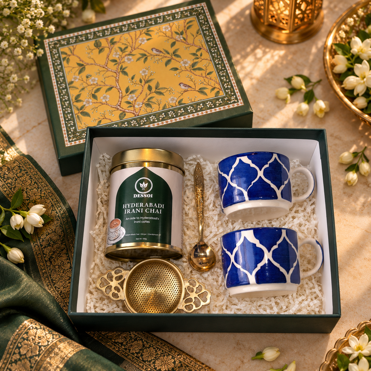 Hyderabadi Heritage Giftbox | Irani Chai & Blue Pottery Tea Set